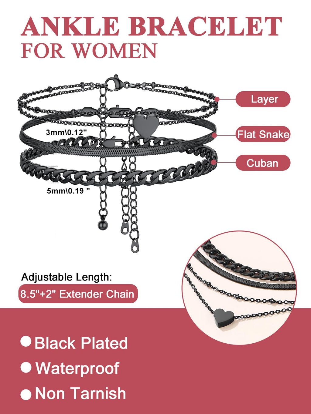FOCALOOK Anklet Bracelets Set for Women, Plus Size Chain Anklet 8.5-10.5"