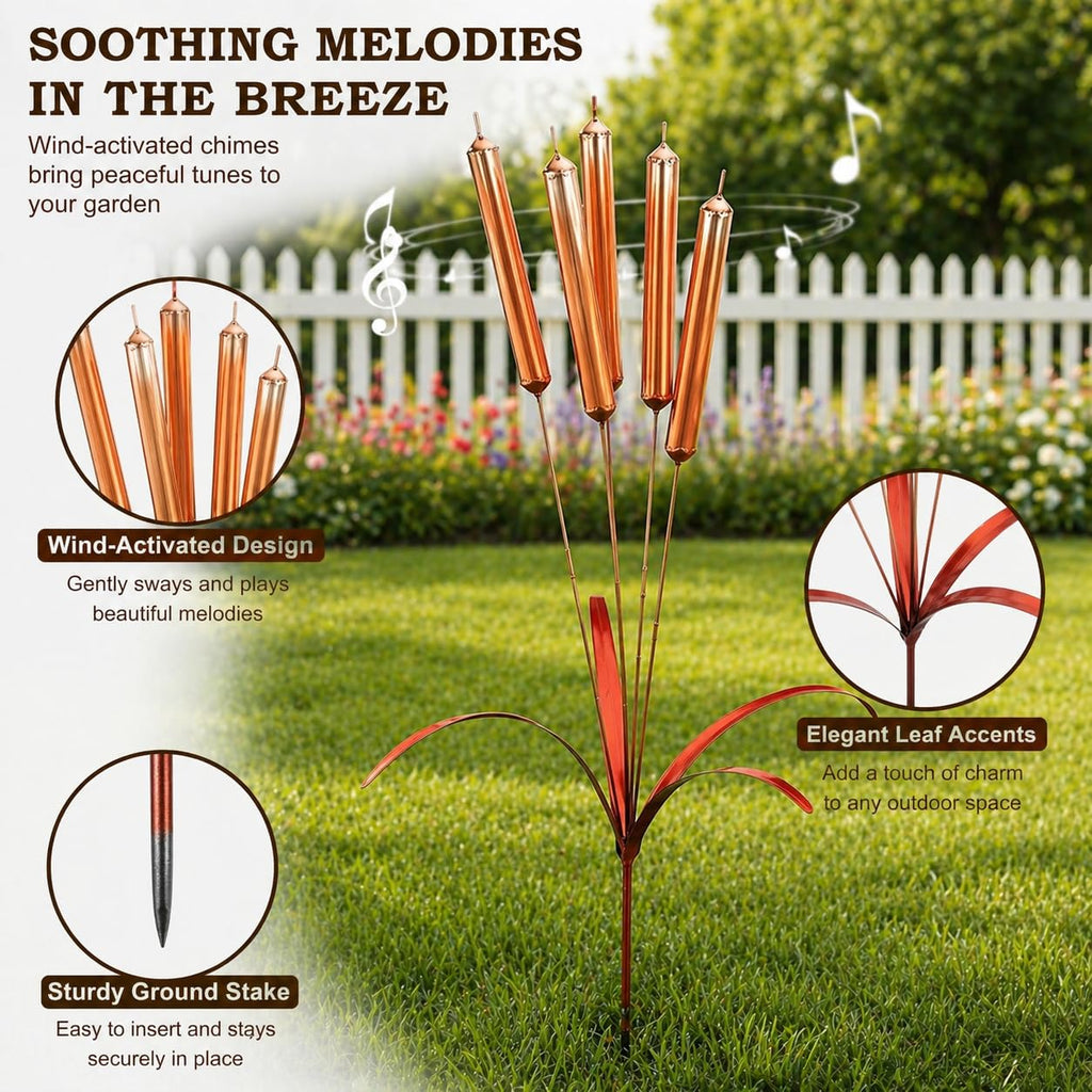 43“ Cattail Wind Chimes Stake Outdoor Decor – Plated Copper Metal Yard Cattail Plant Art Poles for Garden Patio