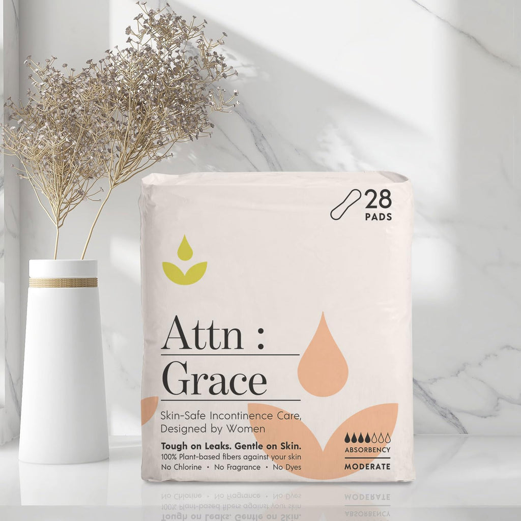 Attn: Grace Moderate Incontinence Pads for Women 2-Pack (56 Pads Total / 28 per Pack) - High Absorbency for Sensitive Skin - Protection for Heavy Bladder Leakage/Discreet, Breathable, & Plant-Based