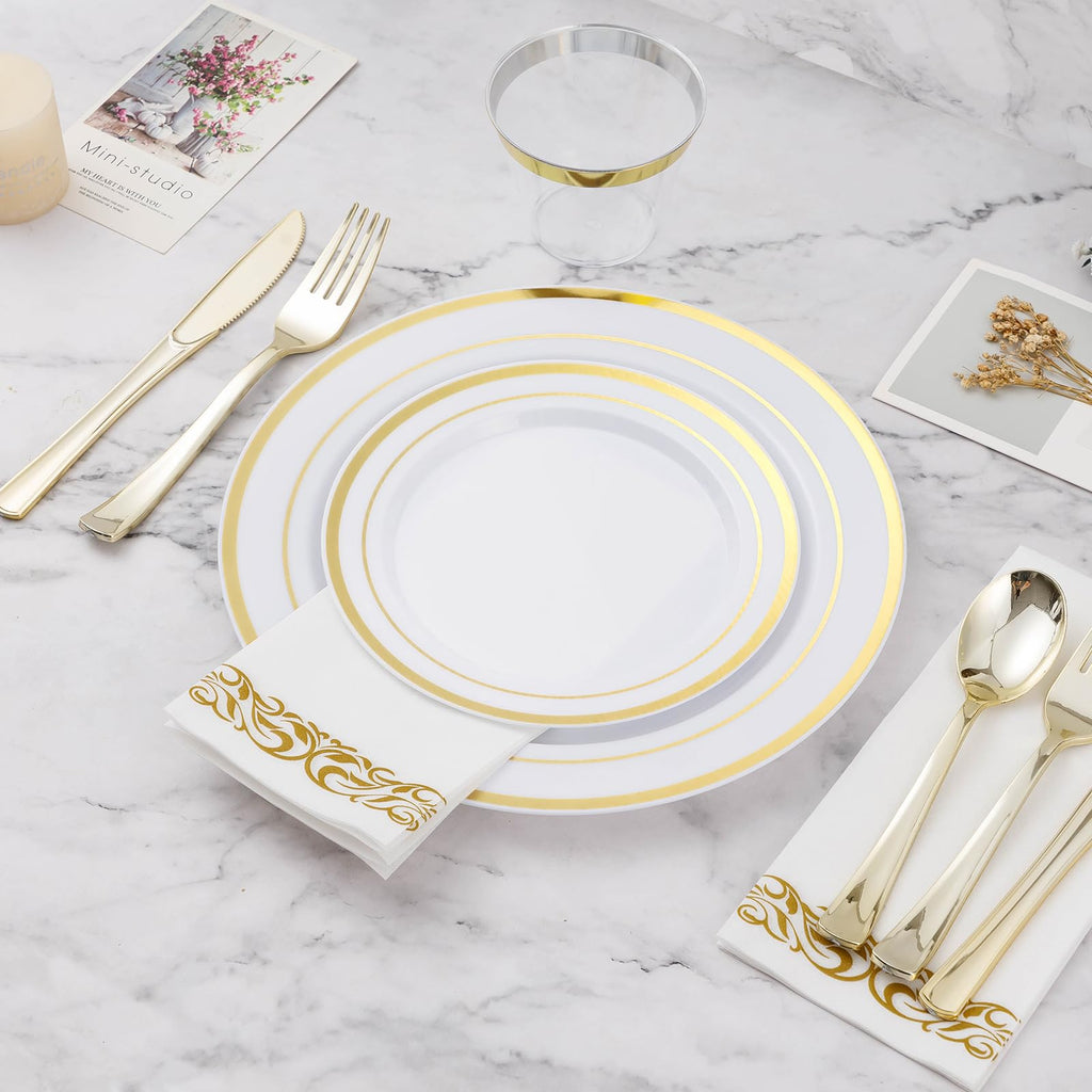 BESTVIP 700 PCS Disposable White and Gold Plastic Plates for 100 Guests