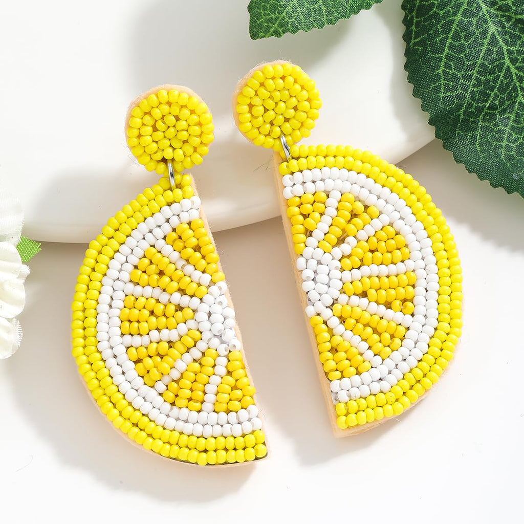 Beaded Yellow Lemon Dangle Earrings for Women, Vibrant Handmade Beads Lemon Fruit Statement Earring for Summer Jewelry Gifts
