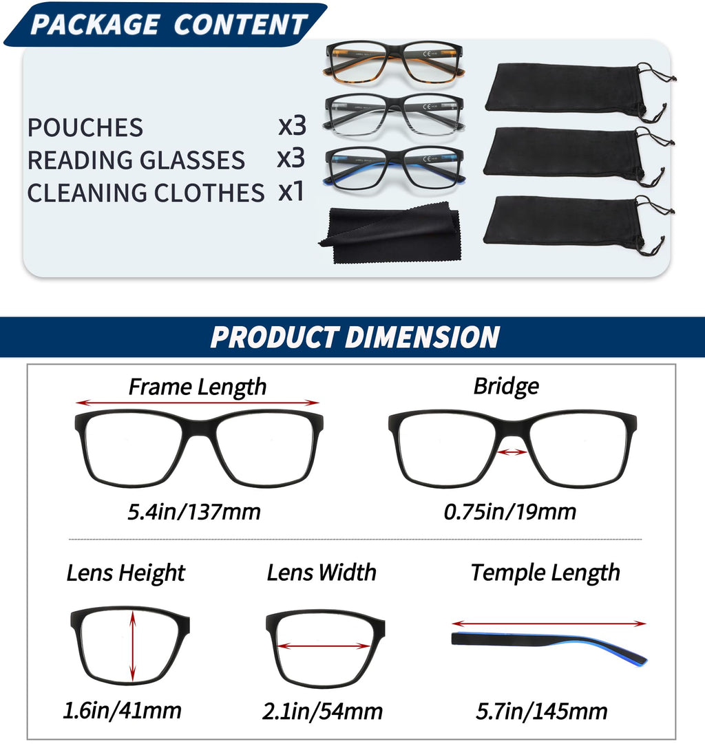 JJWELL 3 Pack Reading Glasses for Men Blue Light Blocking with Spring Hinge, Anti Eyestrain/Dryness/UV Large Wide Square Readers for Men, Two Tone Computer Reader Glasses Eyeglass(1.5 Strength)