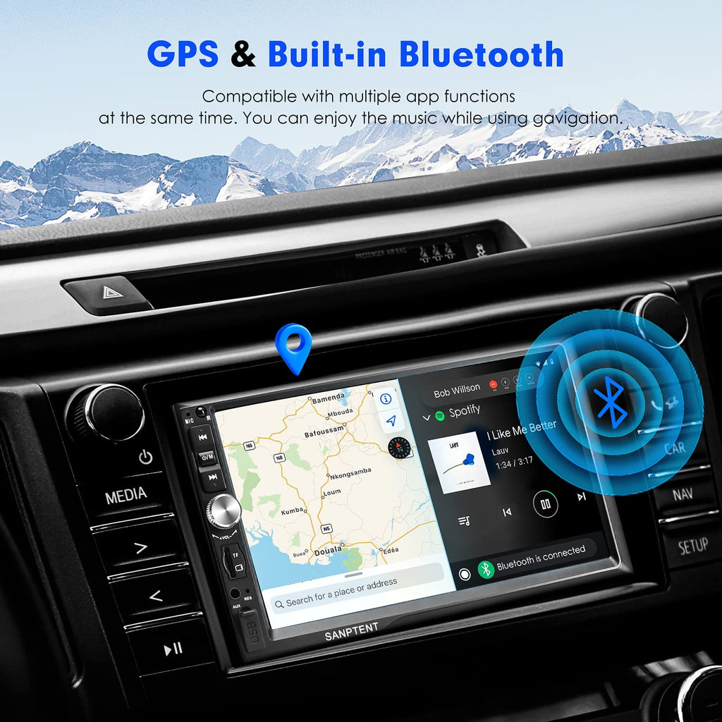 SANPTENT Double Din Car Stereo with Wireless Apple CarPlay & Android Auto, 7-Inch FHD Touchscreen Car Audio Receiver with Rear Camera, Subwoofer, FM Car Radio, USB/AUX/TF Input, Mirror Link, Bluetooth