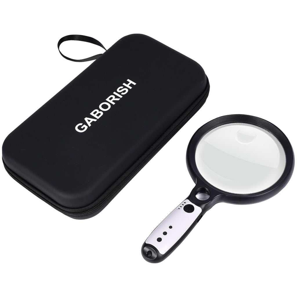 Large Magnifying Glass with 37 LED Light and Case, 10X 20X 45X Handheld Illuminated Lighted Magnifier with 3 Light Modes Rechargeable Magnifying Glass for Seniors Reading, Inspection (Black & White)
