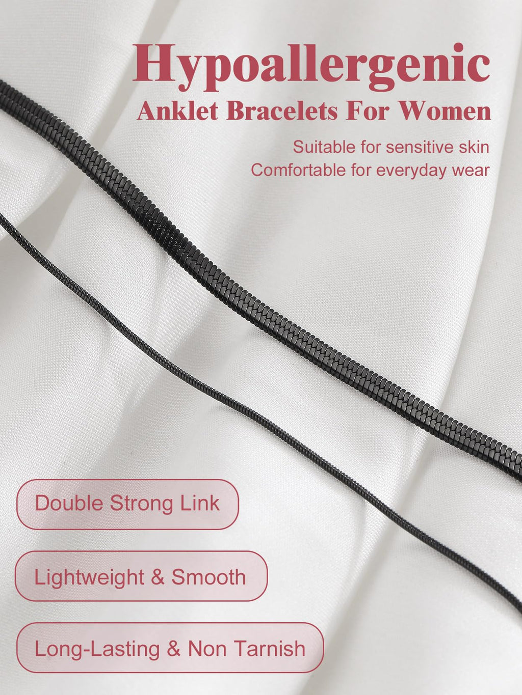 FOCALOOK Ankle Bracelets for Women, Black Layered Snake Chain Anklets