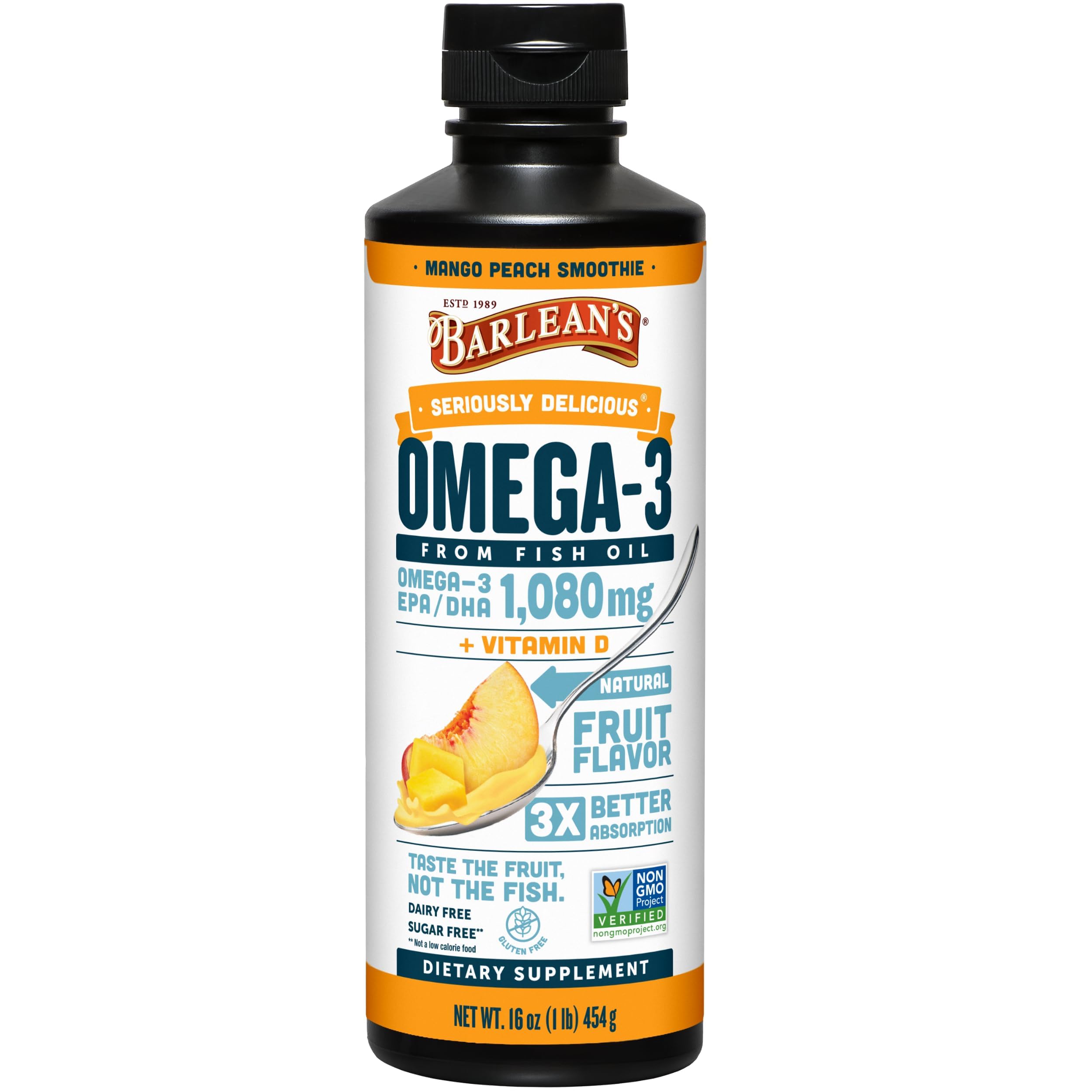 Barlean's Omega 3 Fish Oil Liquid Supplement with Vitamin D for Men and Women, 1080mg of EPA and DHA Fatty Acid, Promotes Brain & Heart Health - Non-GMO, Mango Peach, 16 oz