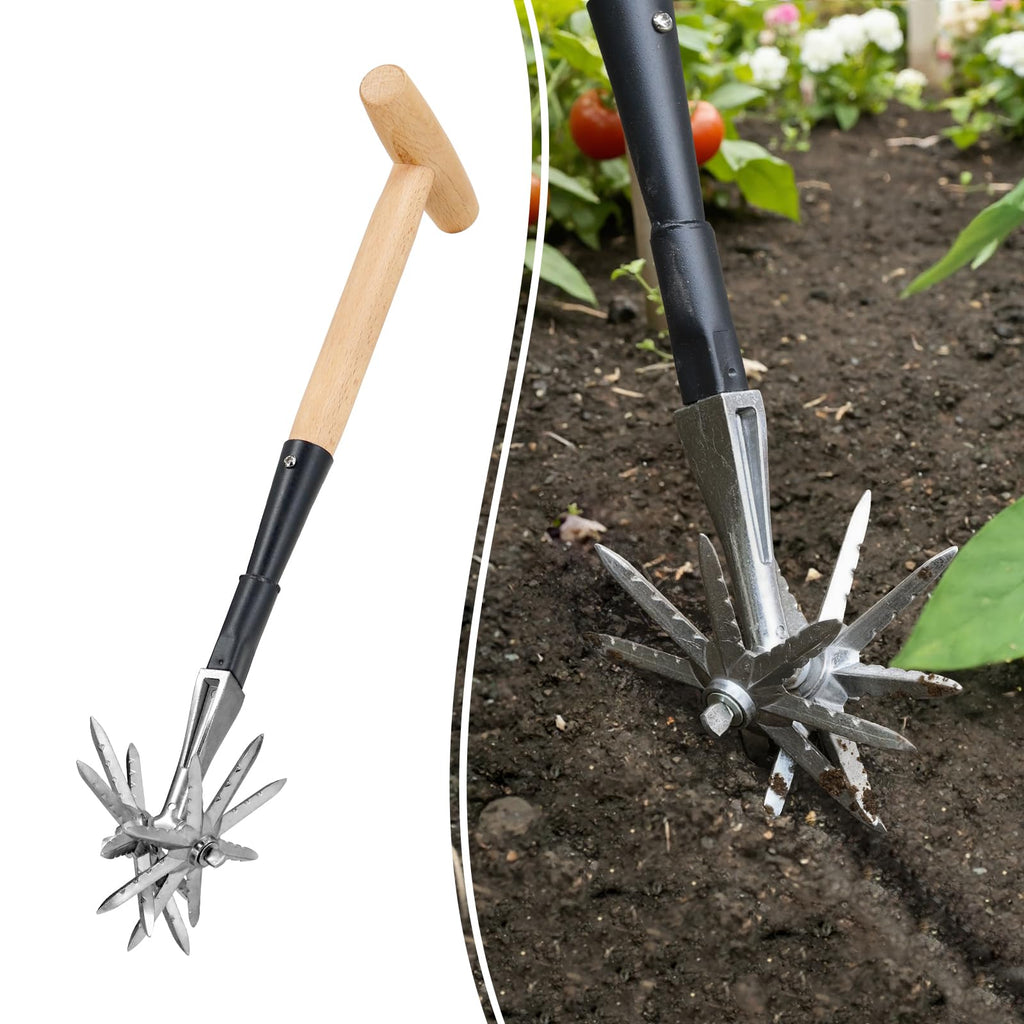 Colwelt Manual Rotary Cultivator, Single-Tine Aluminum Cultivators for Gardening, Garden Hand Tiller Manual with Ergo Wooden t-Handle, Hand Held Cultivator Tool For Flower Beds Cultivate, Aerate, Weed