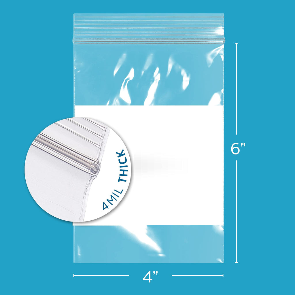 GPI - 4" x 6" - Bulk Pack of 500, 4 Mil Thick, Heavy Duty, Clear Plastic Reclosable Zip Bags, With Write-on White Block for Labeling, Strong & Durable Poly Baggies With Resealable Zipper Top Lock.