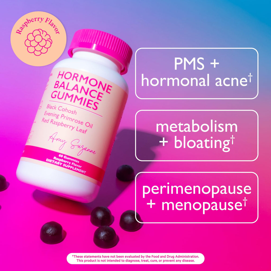 Amy Suzanne Hormone Balance Gummies for Women - Hormone Harmony for Mood, Energy, Bloating - Hormonal PMS, Perimenopause & Menopause Support - Red Raspberry Leaf & Black Cohosh - 60 Gummy Supplements