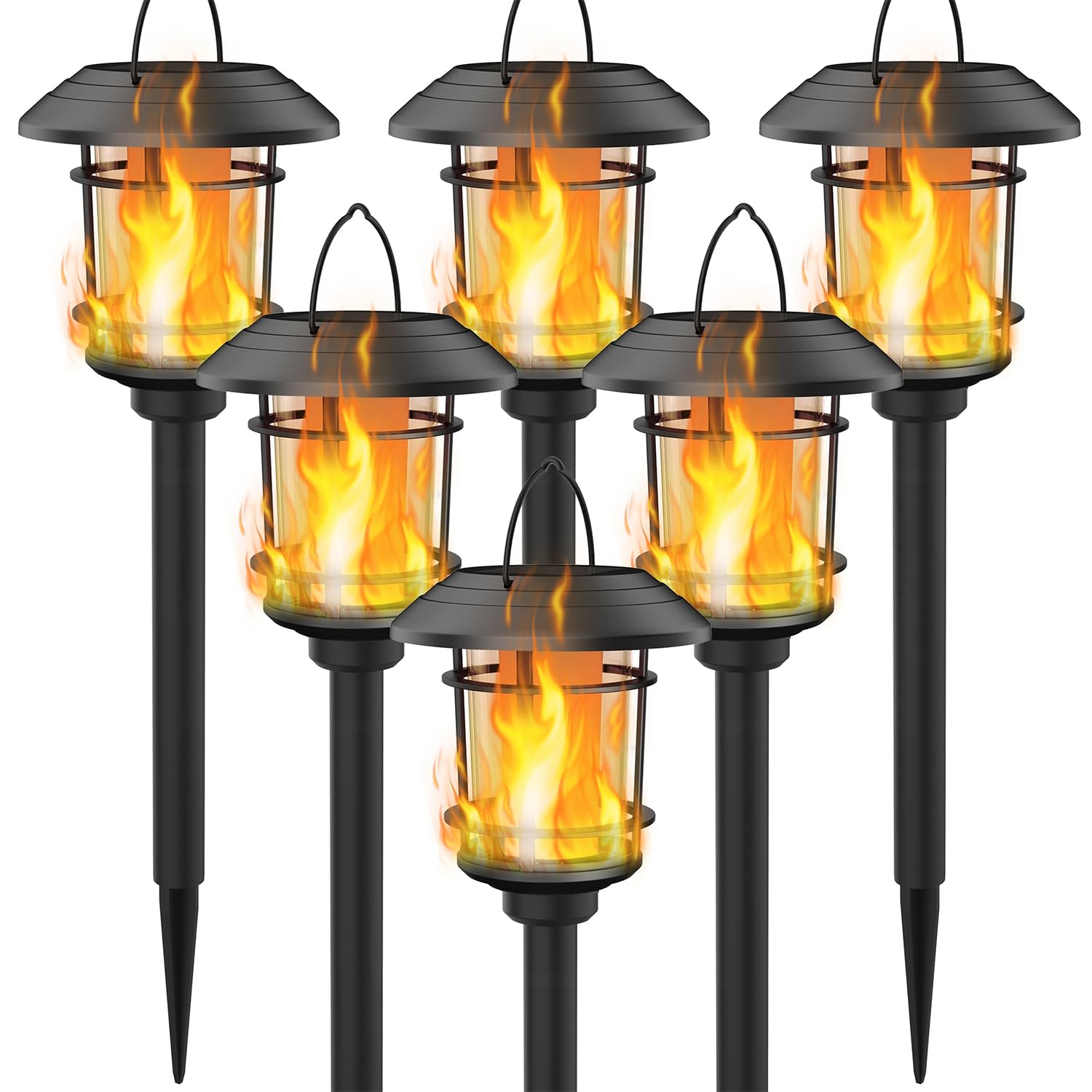 Dynaming 6 Pack Solar Flame Torch Lights Outdoor, Halloween Dual Use Flickering Flame Garden Light, Christmas Hanging Lanterns, Auto On/Off & Waterproof Lighting for Lawn Patio Yard Walkway Driveway