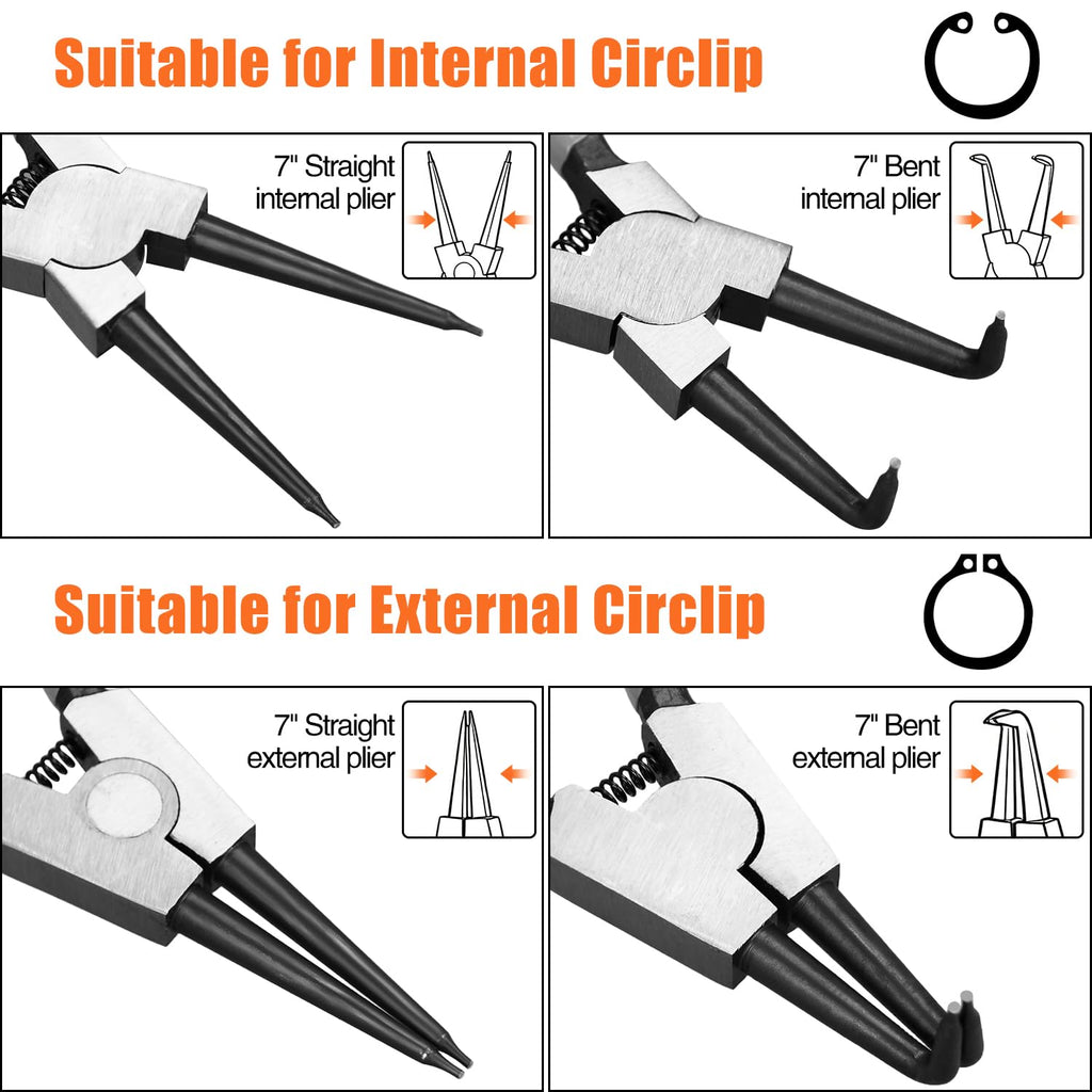 Small Tip Snap Ring Pliers Set, 4pcs 7" Internal/External Circlip Pliers Kit with Straight/Bent Jaw