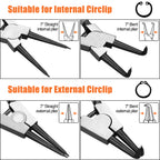 Small Tip Snap Ring Pliers Set, 4pcs 7" Internal/External Circlip Pliers Kit with Straight/Bent Jaw
