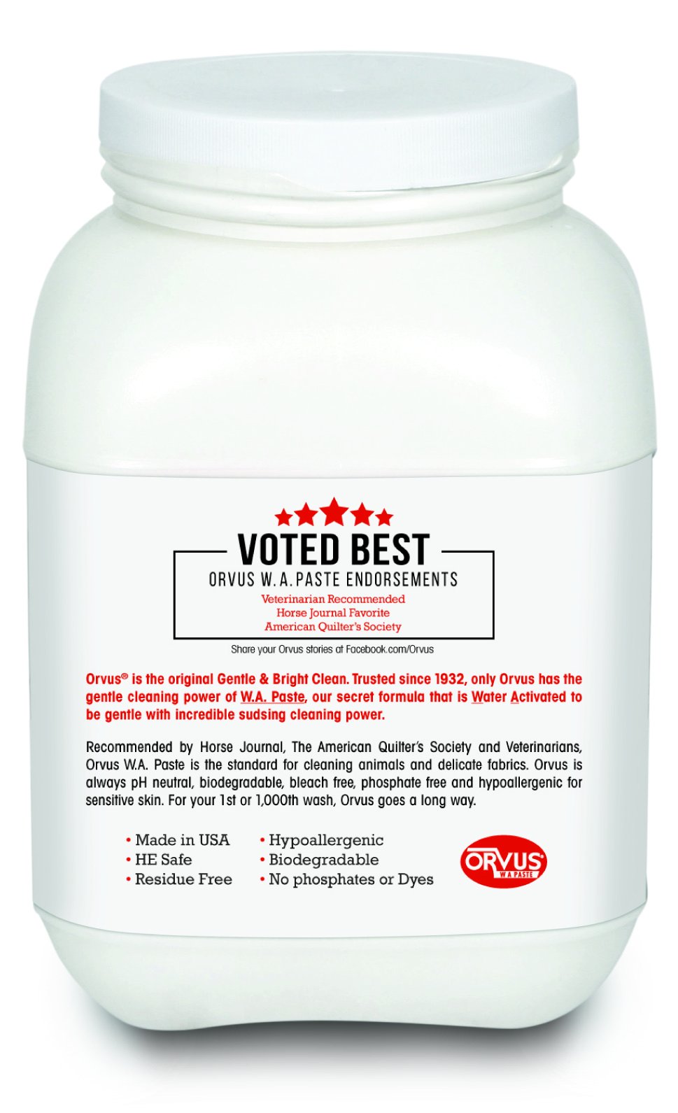 Orvus WA Paste Cleaner - 120oz.- Horse, Livestock and Dog Shampoo - Quilt, Fine Linen Detergent/Cleaner