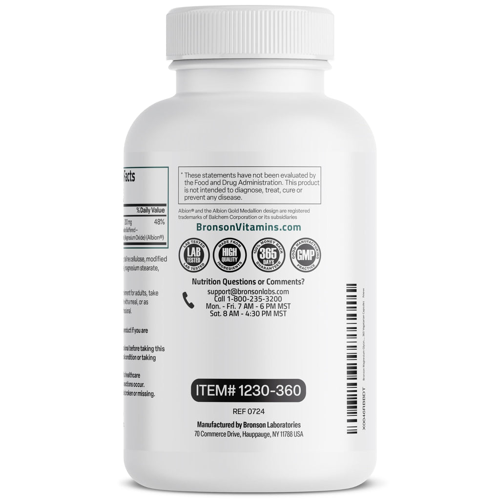 Bronson Magnesium Glycinate 200 MG per Serving Chelated for High Absorption, Gentle On Stomach, Non-GMO, 360 Vegetarian Capsules
