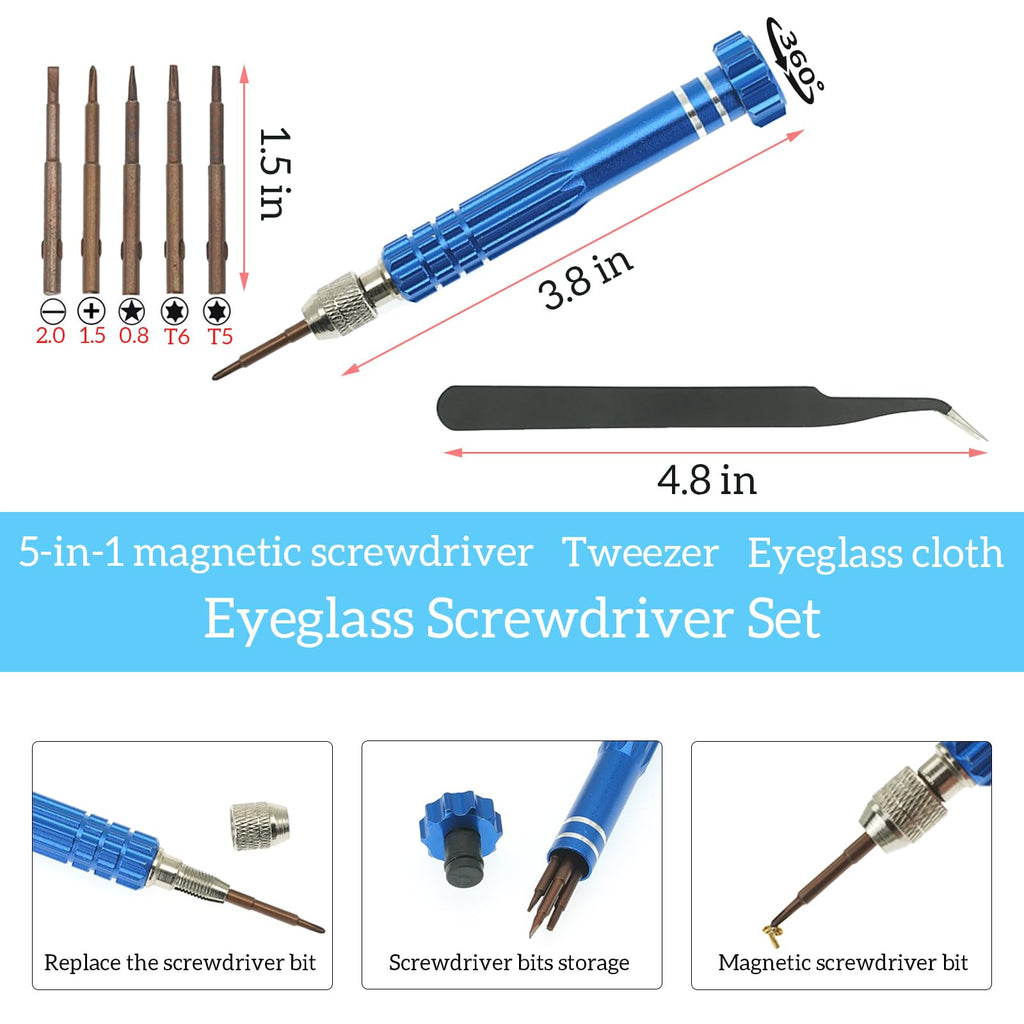 ESSSO Eye Glass Repairing Kit,Upgraded Eyeglass Repair Kit with Screws(Gold and Silver)，5-in-1 Eyeglass Screwdriver,Eyeglass Nose Pads,Eyeglass Ear Grips,Tweezer for Sunglasses,Eyeglass,Watch Repair