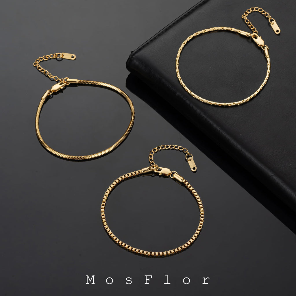 Gold Chain Bracelet for Women Men Trendy - 14K Gold Plated Bracelet Dainty Gold Snake Link Bracelet Stack Simple Jewelry Chain Set Adjustable Bracelet Accessories for Dad Husband 3 Pcs