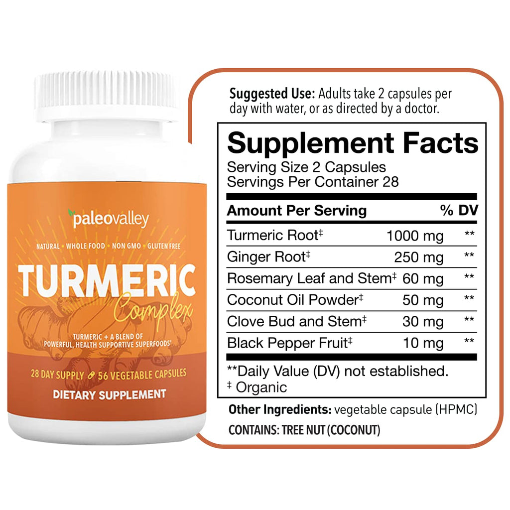 Paleovalley - Organic Turmeric Complex - Full Spectrum Organic Turmeric with Health-Supportive Superfoods - 56 Vegetarian Capsules - Support Joints, Immunity, Brain and Heart Health
