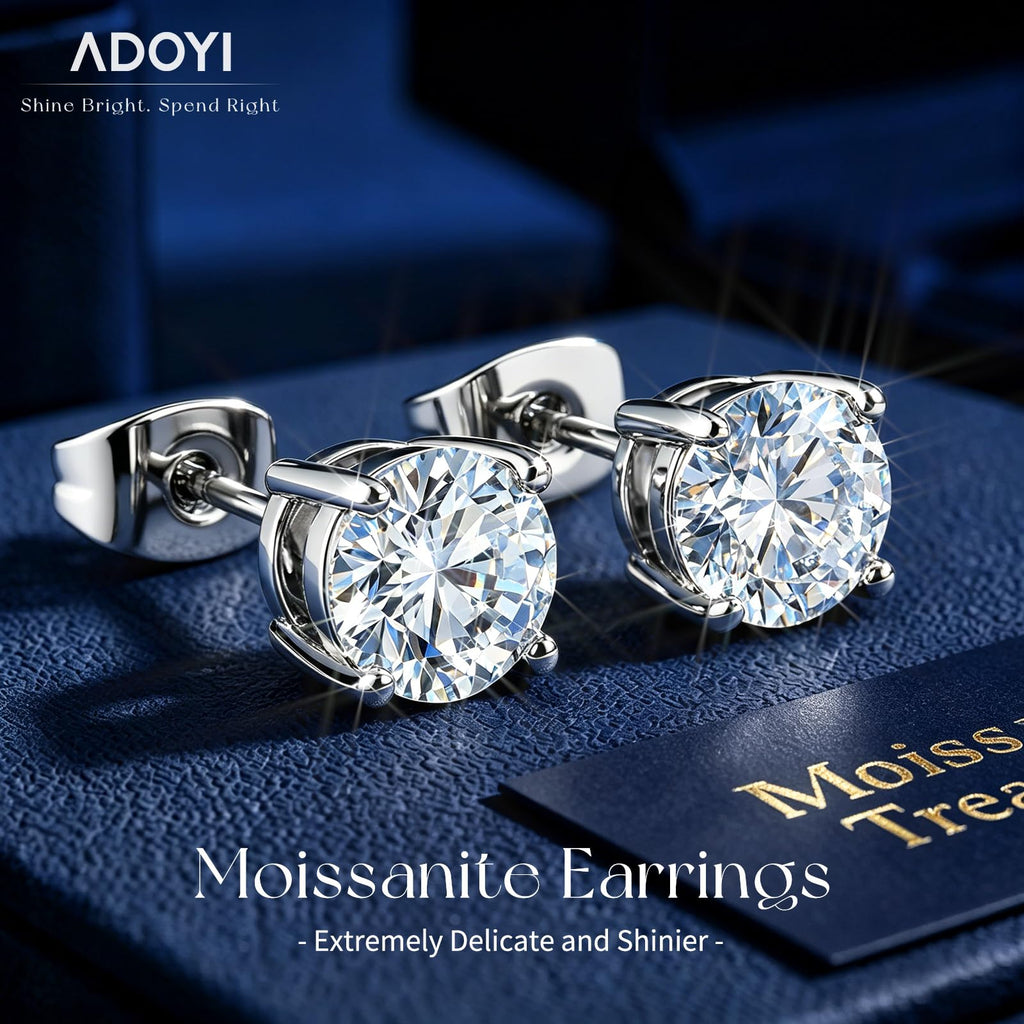 adoyi Moissanite Diamond Stud Earrings for Women Men 925 Sterling Silver Post Hypoallergenic 18K White Gold Plated Flat Back Stud Earring Jewelry Round Cut D Color VVS1 Clarity Gift for Women 2.0CT