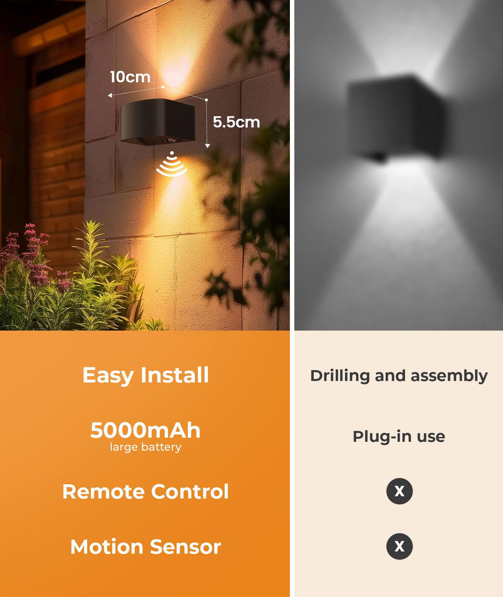 FULEN Motion Sensor Wall Light with Remote Control 3 Colors Wireless Wall Lamp LED Indoor Up and Down Wall Sconce 5000mAh Rechargeable Battery Powered Wall Lamps Brightness Adjustable, 2 Pack