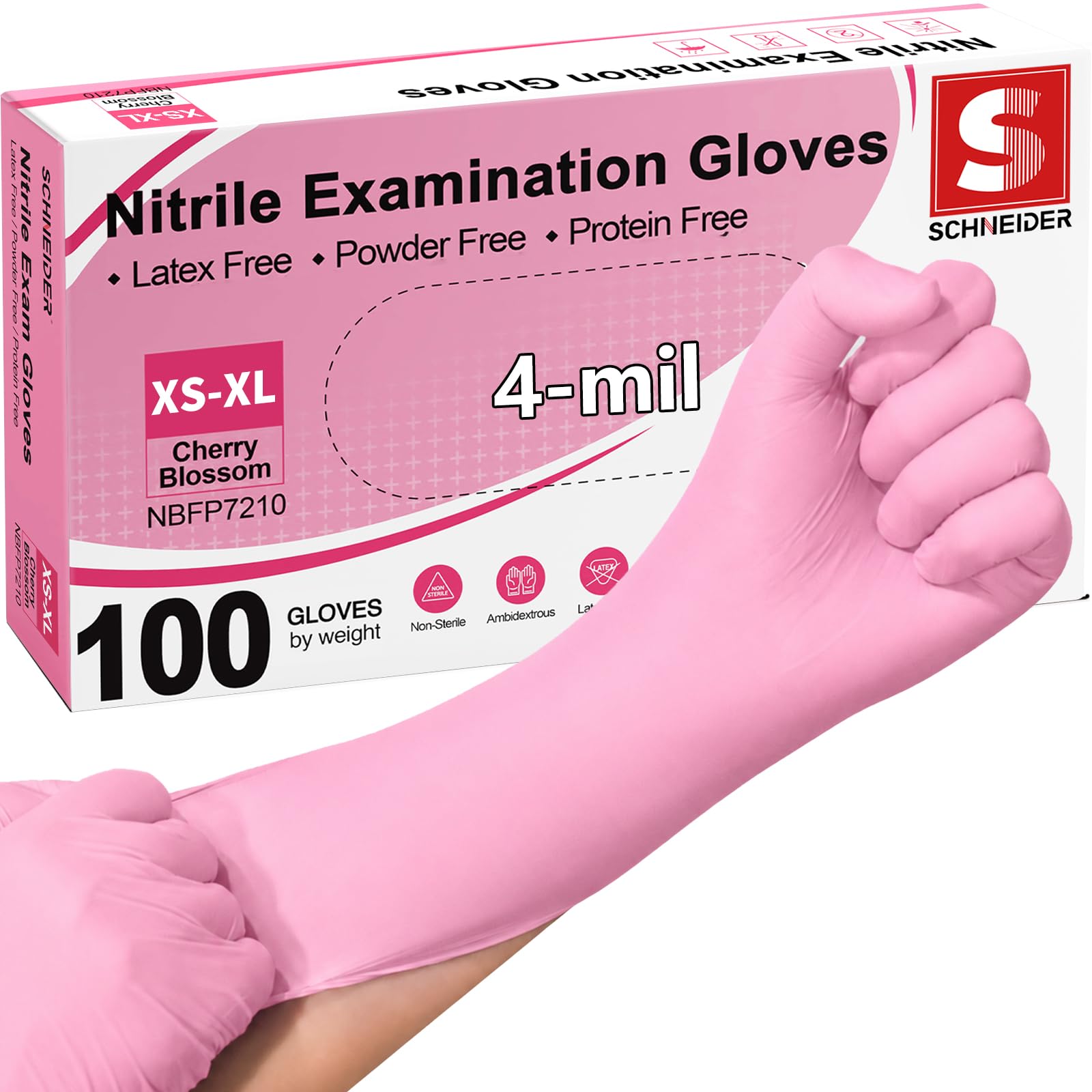 Schneider Medical Nitrile Exam Gloves, Powder & Latex Free, Pink 100 Ct