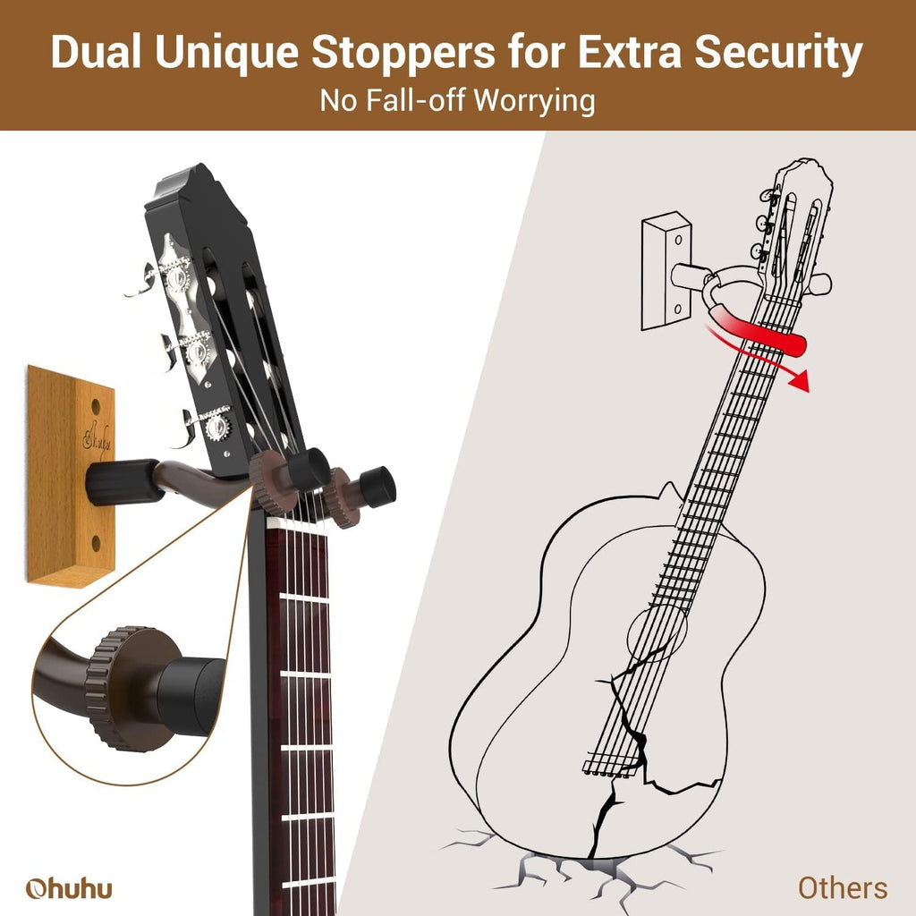 Ohuhu Guitar Wall Mount Hanger, 2-Pack Rotatable Hardwood Guitar Hangers with Screws, Adjustable Stopper Guitar Mount Hook Holder Stand for Acoustic Electric Guitar Banjo Bass Ukulele Mandolin (Wood)