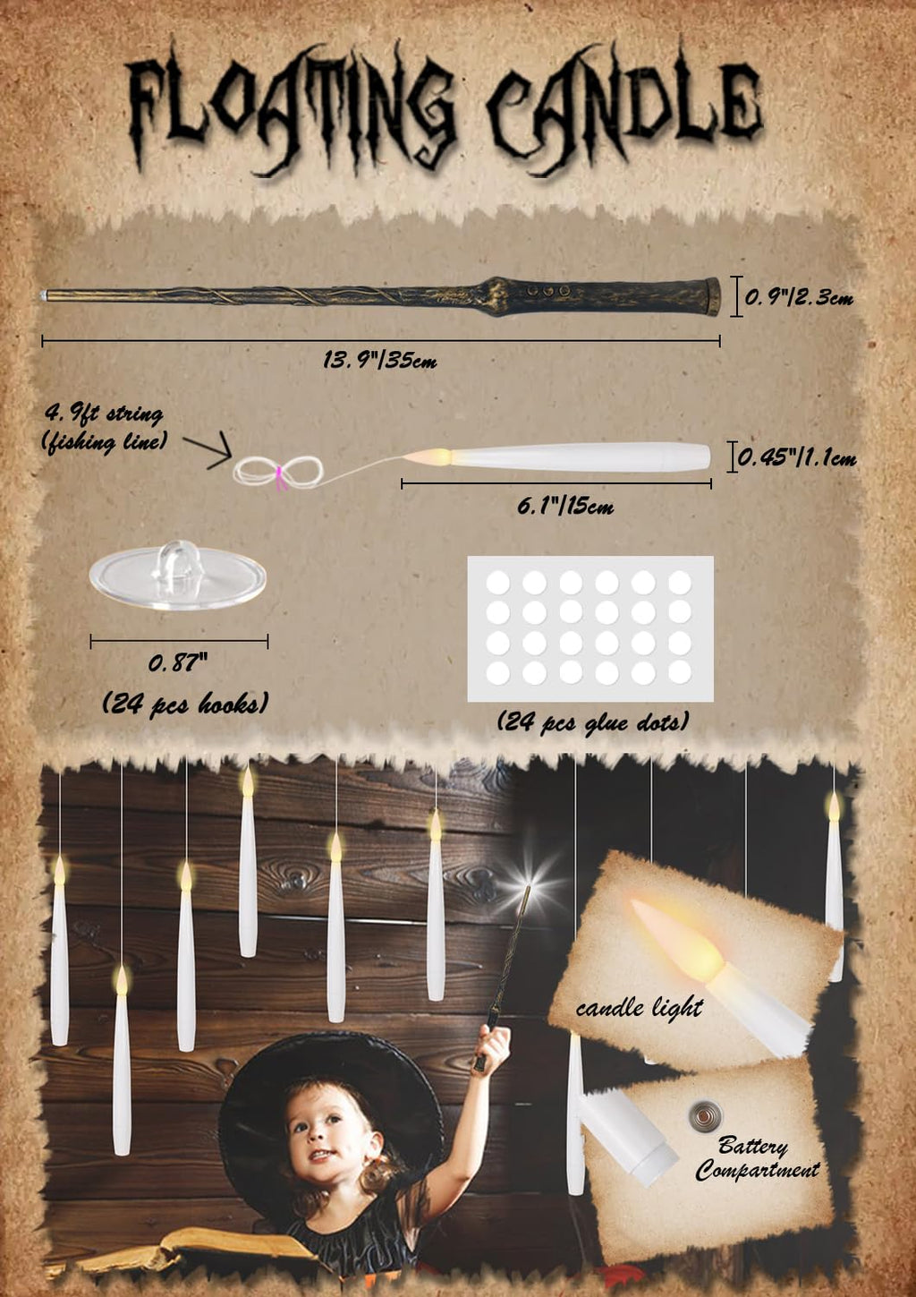 GenSwin Flameless Floating Candles Wand Halloween Decorations White 22pcs