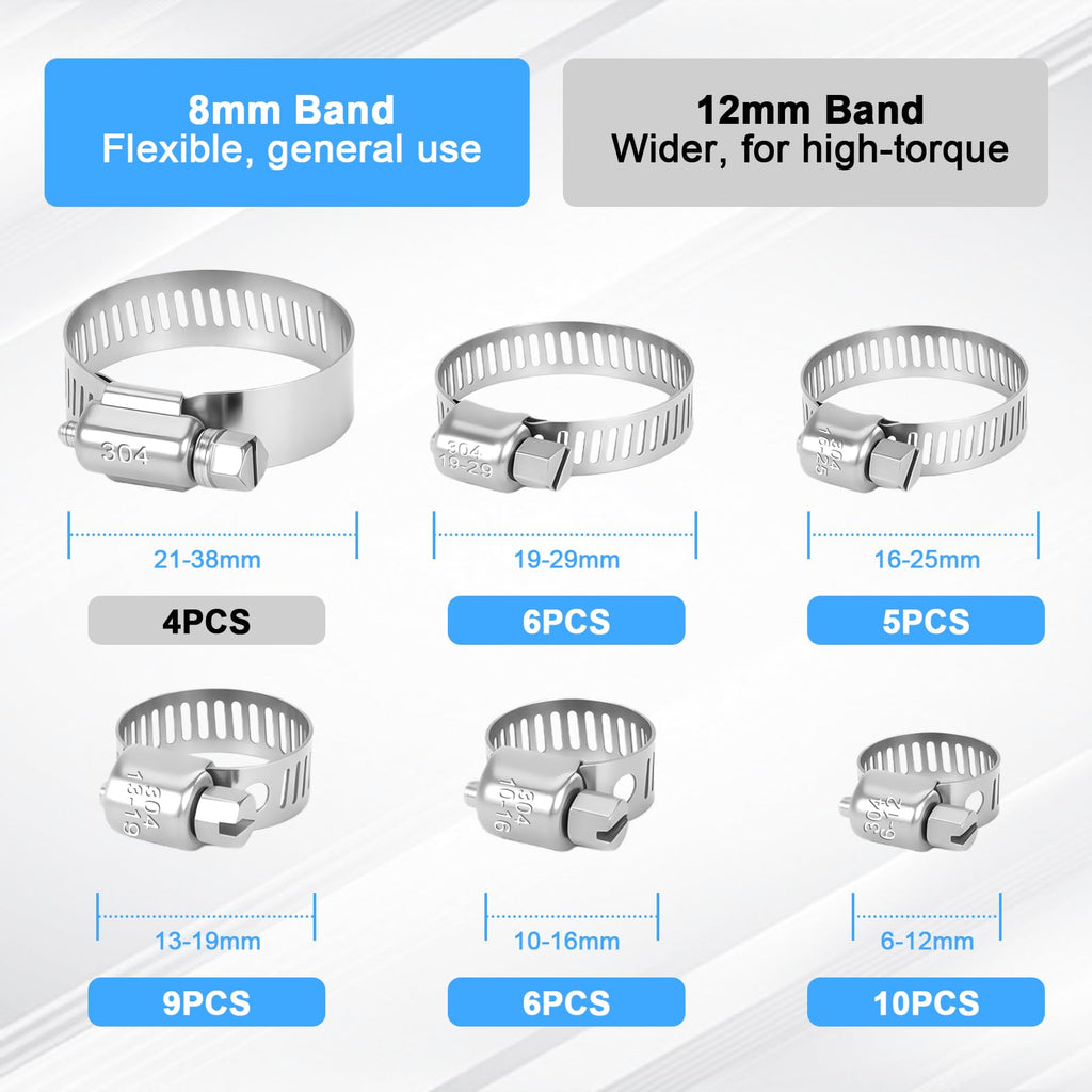40Pcs Hose Clamps,Stainless Steel Hose Clamp Assortment Kit, 1/4" to 1-1/2" (6–38mm) Adjustable Worm Gear Pipe Hose Clamp For Fuel Line，Plumbing, Applications, Tube, Garden