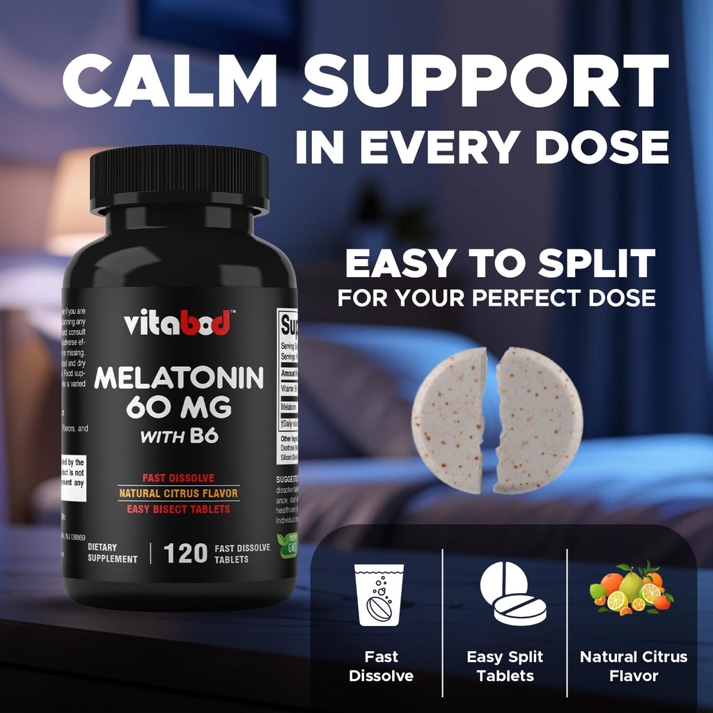 Vitabod Melatonin 60 mg with Vitamin B6 – 120 Fast Dissolve Tablets Extra-Strength Sleep Support – Drug-Free – Natural Citrus Flavor – Vegetarian, Non-GMO, Gluten-Free
