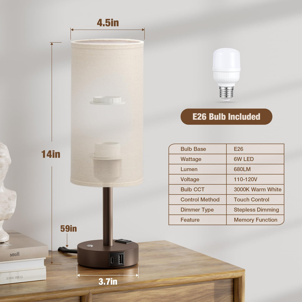 Touch Bedside Table Lamp with Memory - Stepless Dimmable Lamp for Bedroom, Small Nightstand Lamp with Dual USB Charging Ports and AC Outlet, Wood Night Light, Deak Lamp for Nursery (Beige & Brown)