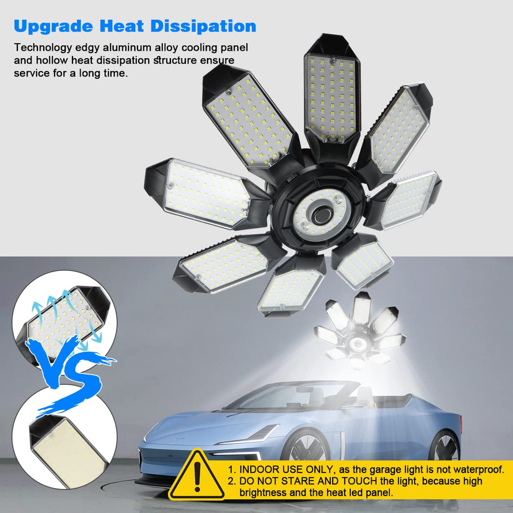 POLARPRA Led Garage Light - 20000LM Super Bright 6500K Garage Lights Ceiling Led w/ 8 Adjustable Panels Garage Shop Light Compatible for E26/E27 Socket Applicable for Workshop Barn Warehouse Attic