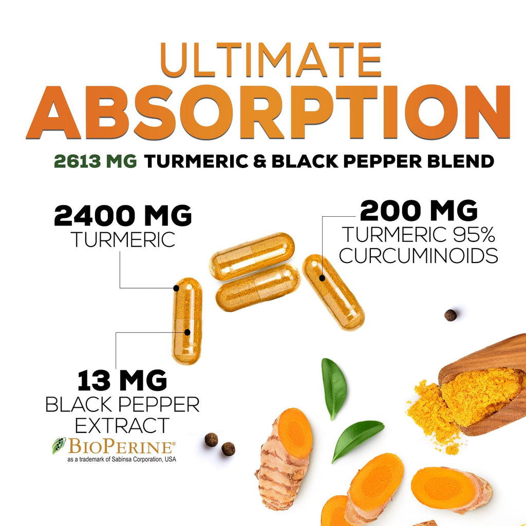 Turmeric Curcumin Supplement 2600mg - 95% Curcuminoids with Organic Turmeric & BioPerine Black Pepper Extract for Best Absorption, Natural Vegan Joint Support, Non-GMO, Bottled in USA - 240 Capsules