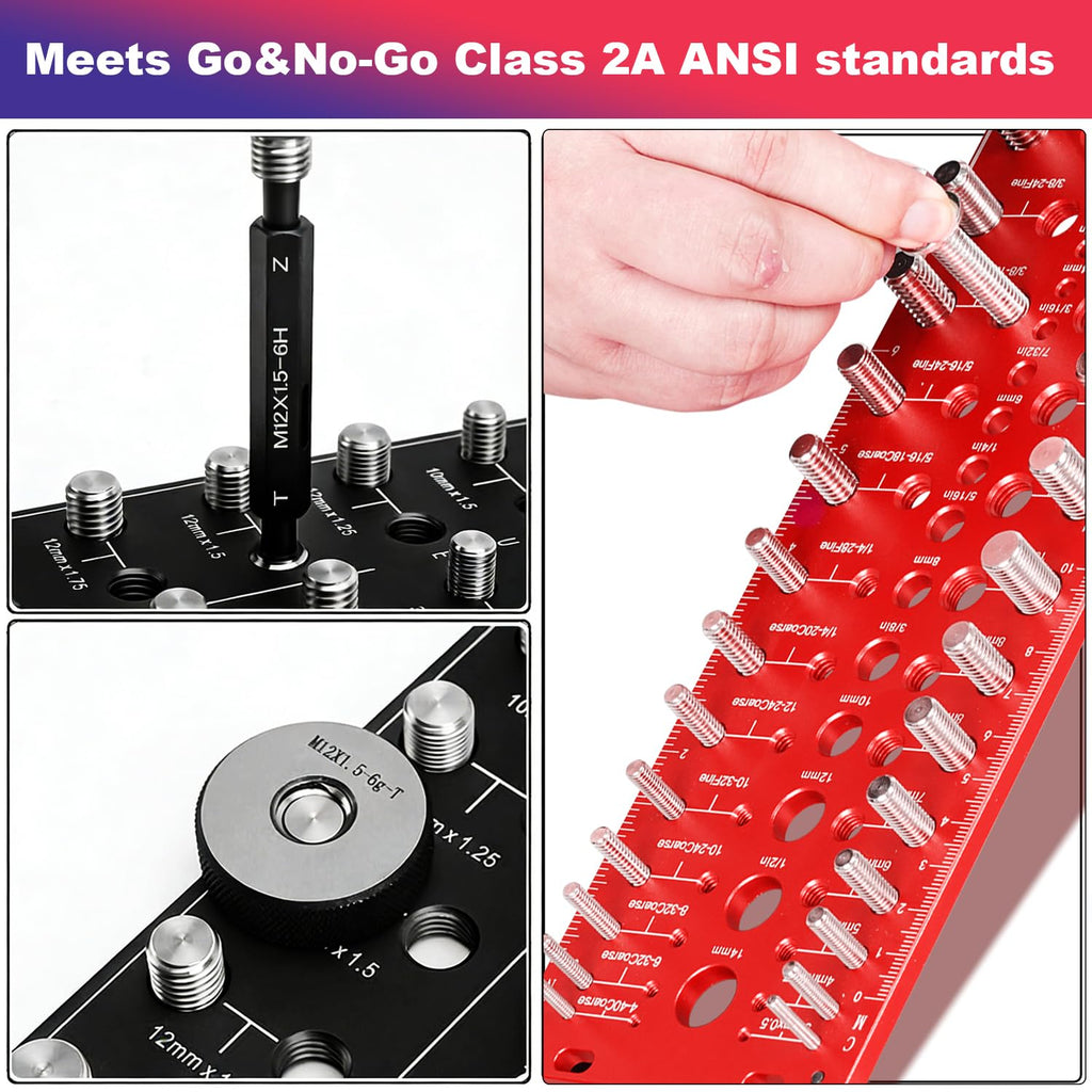 51-in-1 Bolt Size Finder & Thread Checker, 32 Metric & 32 SAE Nut and Bolt Thread Gauge with 19 Drill Bit Checker, CNC-Machined Aluminum Screw Size Chart, Go/No-Go ANSI Standard, Non-Slip Base