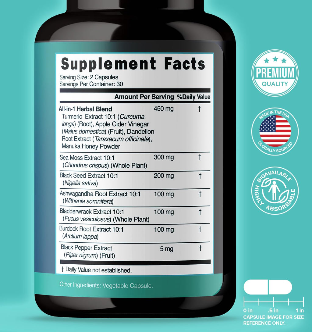 NUTRALAVA Sea Moss Capsules - Irish Sea Moss Black Seed Oil Ashwagandha - Immune Thyroid Joint & Gut Support - Gluten-Free Non-GMO GMP - 60 Count