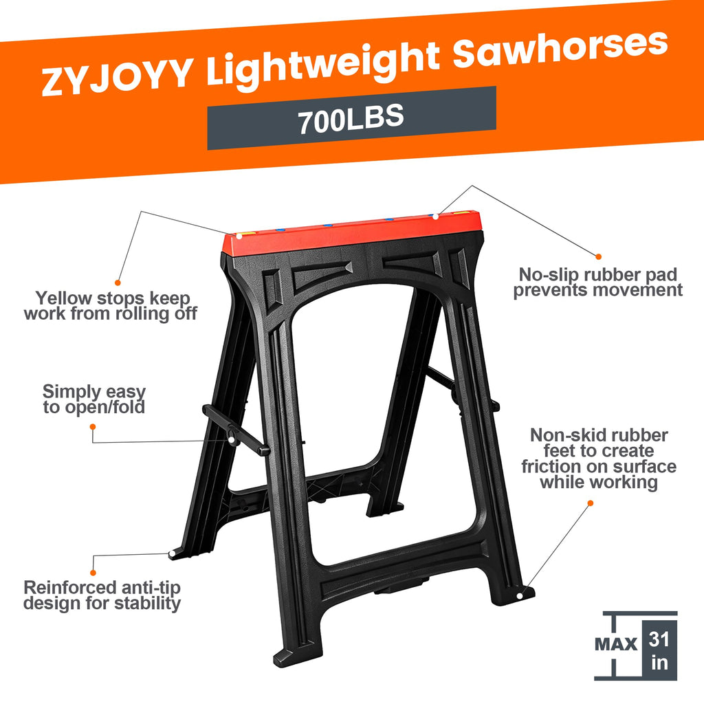 ZYJOYY Saw Horses 2 Pack, Folding Plastic Sawhorse, 700 LBS/Pair Capacity, 2.3" Folded for Easy Carry & Storage