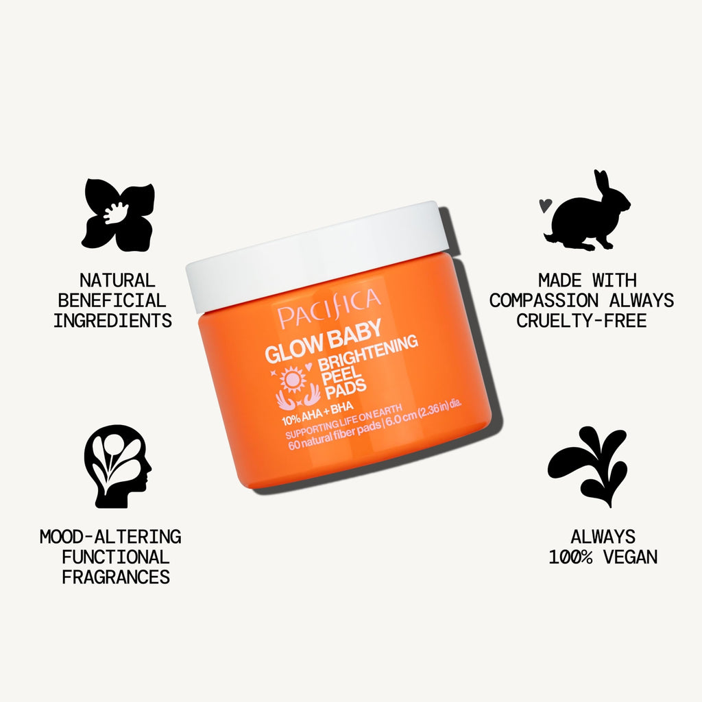 Pacifica Glow Baby Brightening Peel Pads 10% AHA + BHA Exfoliating Face Pads for Glowing Skin Resurfacing Glycolic Acid & Salicylic Acid Pad to Smooth Texture & Minimize Pores Fragrance Free 60 Count