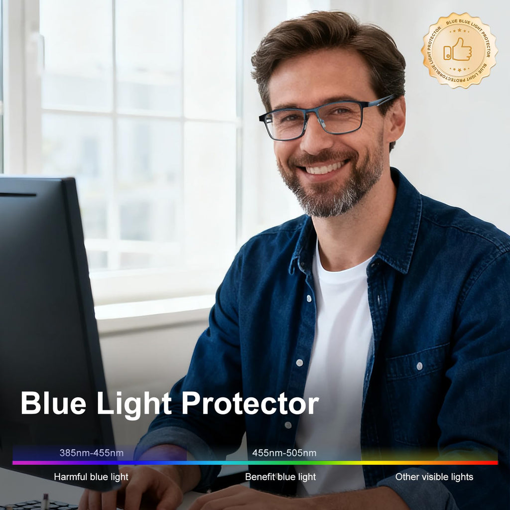 SKYFUEN Unbreakable Progressive Reading Glasses Men Multifocus Metal Full Frame, Blue Light Blocking/UV400 Protection Computer Readers with Durable Flexible Spring Hinges(Gunmetal+Navy Blue, +2.50)