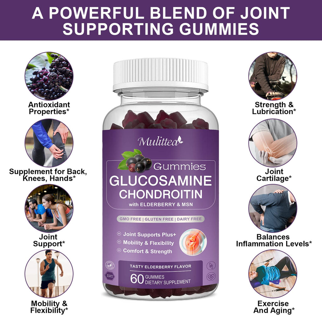 Mulittea 3 Pack Glucosamine Chondroitin Gummies MSM Elderberry Calcium- Extra Strength Joint Support Supplement for Relief. Antioxidant Immune Support for Adults Men Women