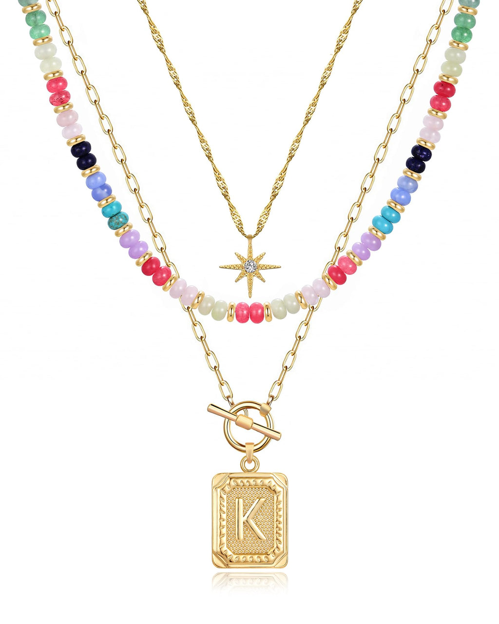 MJartoria Layered Initial Necklaces for Women Trendy, 14K Gold Plated Simple Star Choker Square Letter Pendant Necklace, Colorful Beaded Necklace, Gold Necklaces Jewelry Gifts (K, Gold Plated)