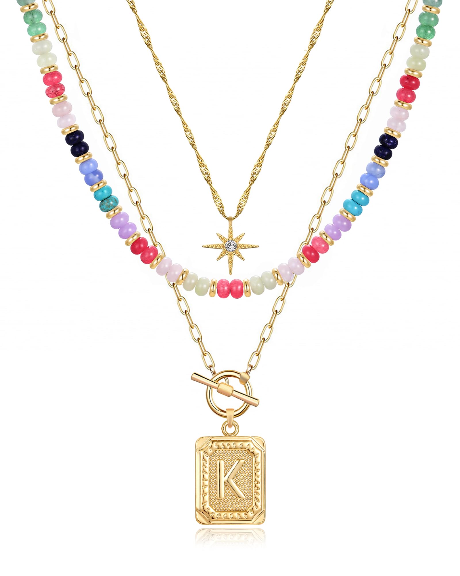 MJartoria Layered Initial Necklaces for Women Trendy, 14K Gold Plated Simple Star Choker Square Letter Pendant Necklace, Colorful Beaded Necklace, Gold Necklaces Jewelry Gifts (K, Gold Plated)