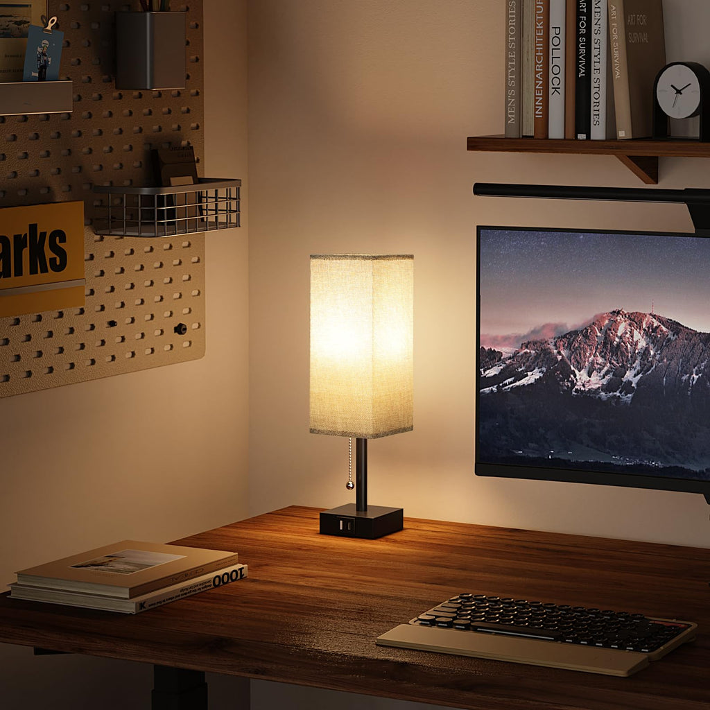 aooshine Bedside Table Lamps Set of 2 - Gray Bedroom Lamps with 3 Color Temperatures (3000K/5000K/4000K), Square Nightstand Light with USB C + A Charging Ports, Pull Chain Small Night Light