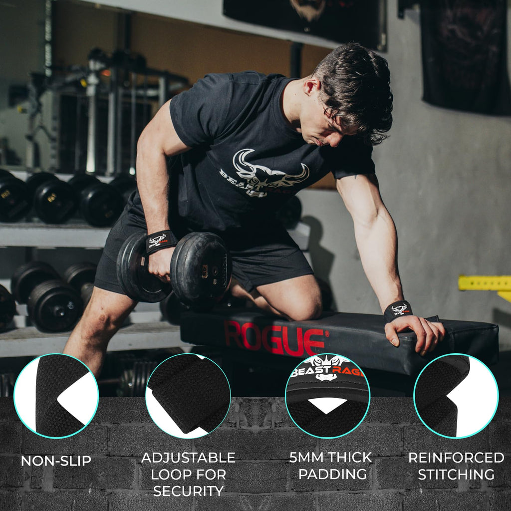 BEAST RAGE Lifting Wrist Straps for Weightlifting, Straps Gym Grip Power Workouts Lifting Straps Padded Cotton Men Women Wrap Lift, Deadlift Bodybuilding Weight Lifting Exercise Straps (Black)