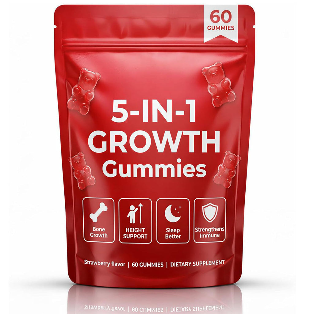 BERSEG 5-in-1 Growth Gummies, Supports Natural Height & Bone Development with Essential Amino Acids & D3, K2, Delicious Strawberry Flavor, 60-Count