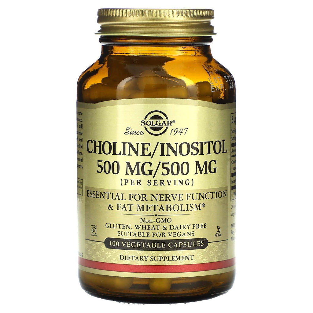 Solgar Choline/Inositol 500 mg/500 mg, 100 Vegetable Capsules - Energy Metabolism, Liver Health, Essential for Brain & Nerve Function - Non-GMO, Vegan, Gluten Free, Dairy Free, Kosher - 50 Servings