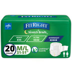 FitRight Stretch Briefs Overnight Adult Diapers, 20 Count, Waist Size 31"-51", Size M-L, Incontinence Briefs for Men and Women, Disposable, Moisture Wicking, Leak Protection