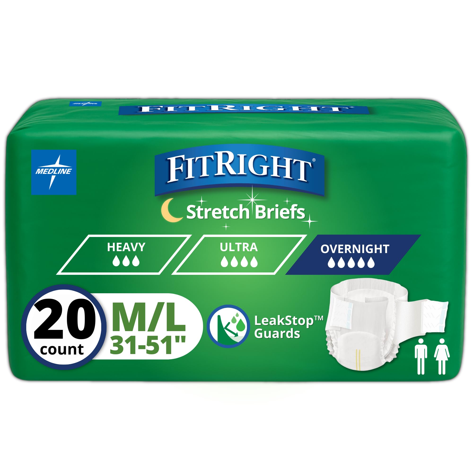 FitRight Stretch Briefs Overnight Adult Diapers, 20 Count, Waist Size 31"-51", Size M-L, Incontinence Briefs for Men and Women, Disposable, Moisture Wicking, Leak Protection