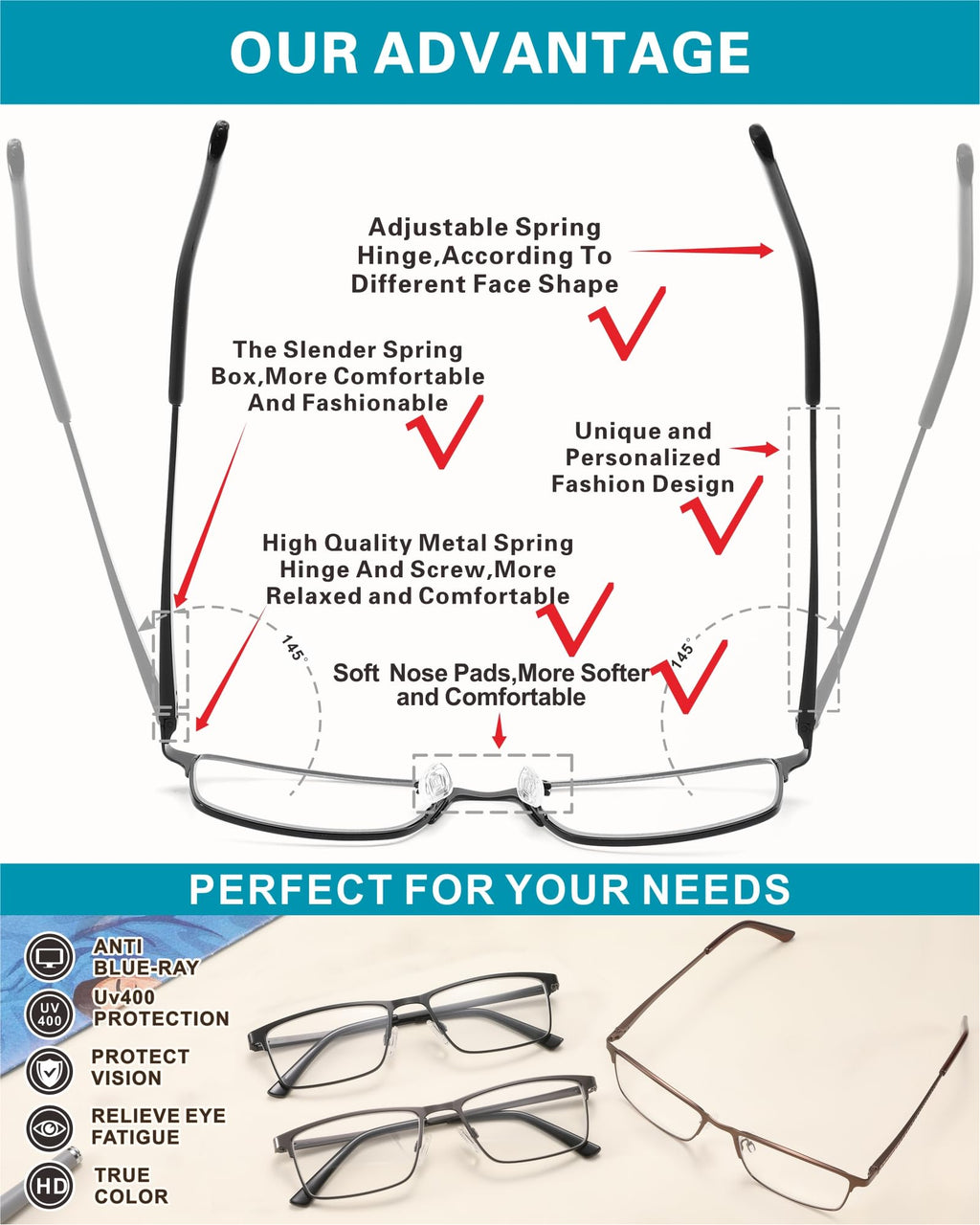 acavefox 3 Pack Blue Light Blocking Reading Glasses Men Readers Anti Glare UV Lightweight and Sturdy Full Frame Metal Spring Hinge Eyeglasses 1.5+