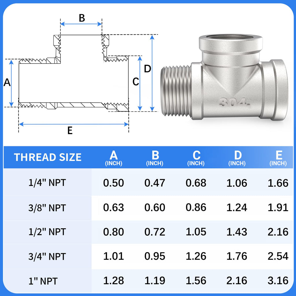 ChillWaves 304 Stainless Steel Pipe Fitting, Male Run Tee 1/2" NPT Female x 1/2" NPT Female x 1/2" NPT Male Thread Adapter(2-PACK)