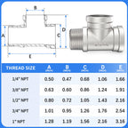 ChillWaves 304 Stainless Steel Pipe Fitting, Male Run Tee 1/2" NPT Female x 1/2" NPT Female x 1/2" NPT Male Thread Adapter(2-PACK)