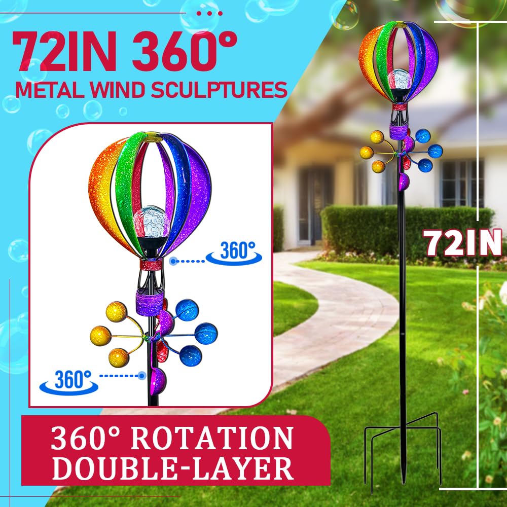 72 in Large Wind Spinners Outdoor, Solar Hot Air Balloon Wind Sculpture