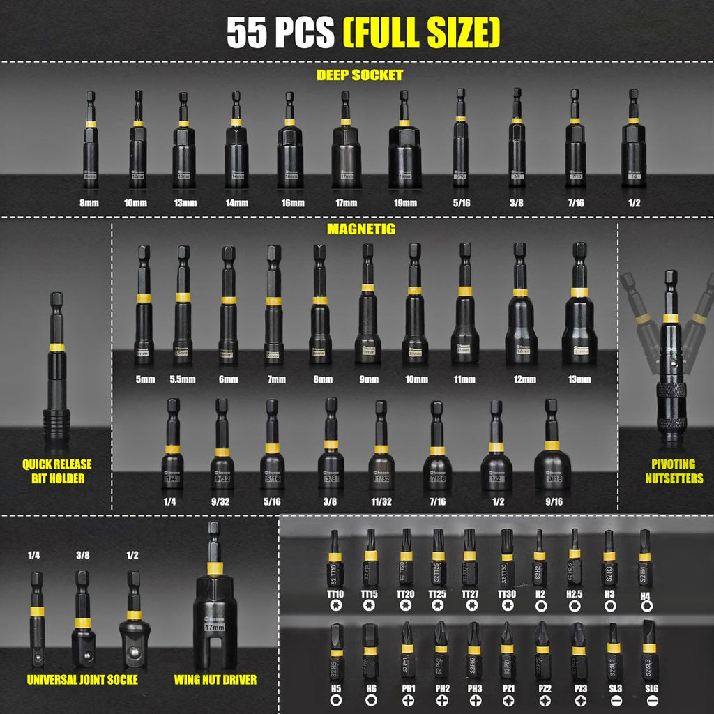 Facoow 55PCS Impact Nut Driver Set Magnetic, SAE&Metric Nut Drivers, Deep Impact Nut Drivers, Impact Socket Adapters, Wing Nut Driver, Power Bit,Quick Release Extension, Pivoting Nutsetter,Storage Box